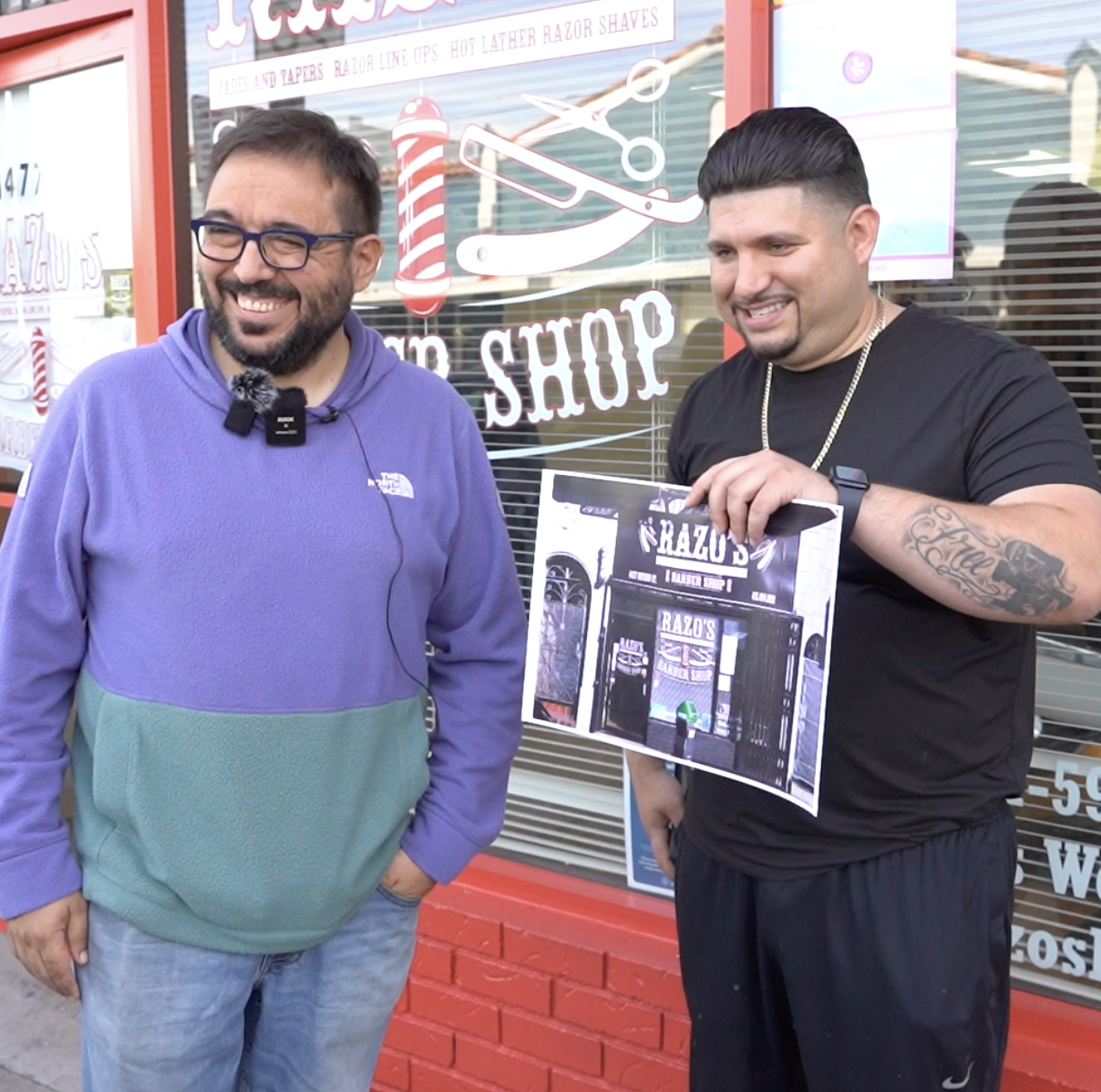 Business owner presenting new storefront concept during a product launch video shoot, showcasing branded visuals and promotional marketing content.